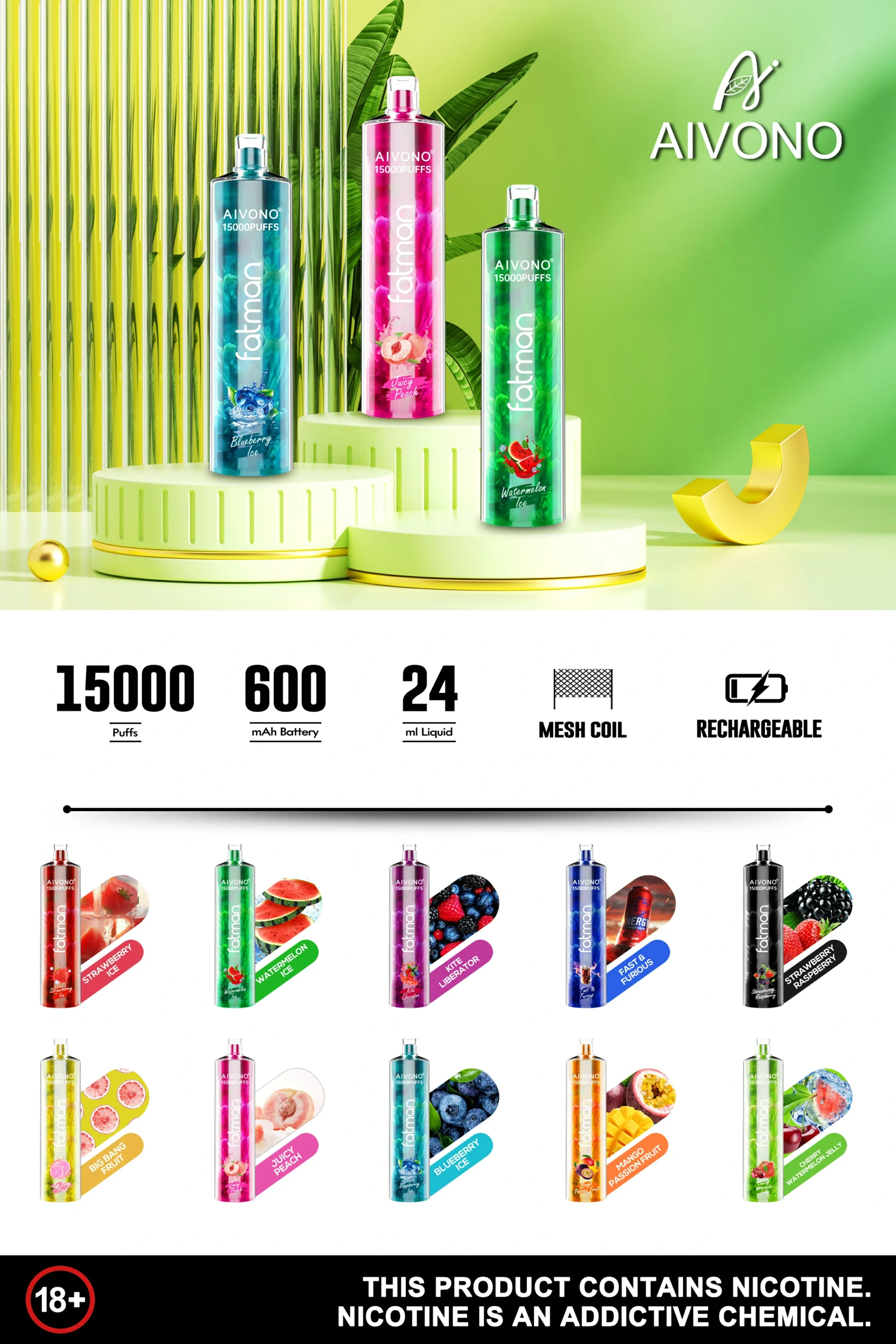 AIVONO Fatman 15000 Puffs 0% 2% 3% 5% Nicotine 20ml Prefilled Pod Mesh Coil 600mah Rechargeable Battery Bulk Buy Wholesale Disposable Vape