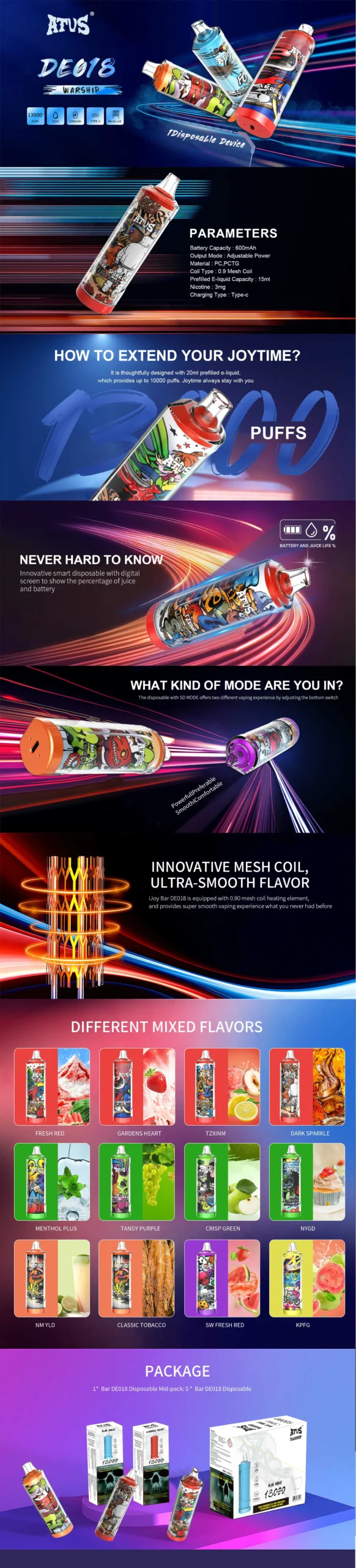 100% Original Disposable Vape Bar ATVS 13K Puffs 15ml Oil Capacity 600mAh Battery 5% Nicotine Content E Cigarette Bulk Buy Disposable Vape Wholesale