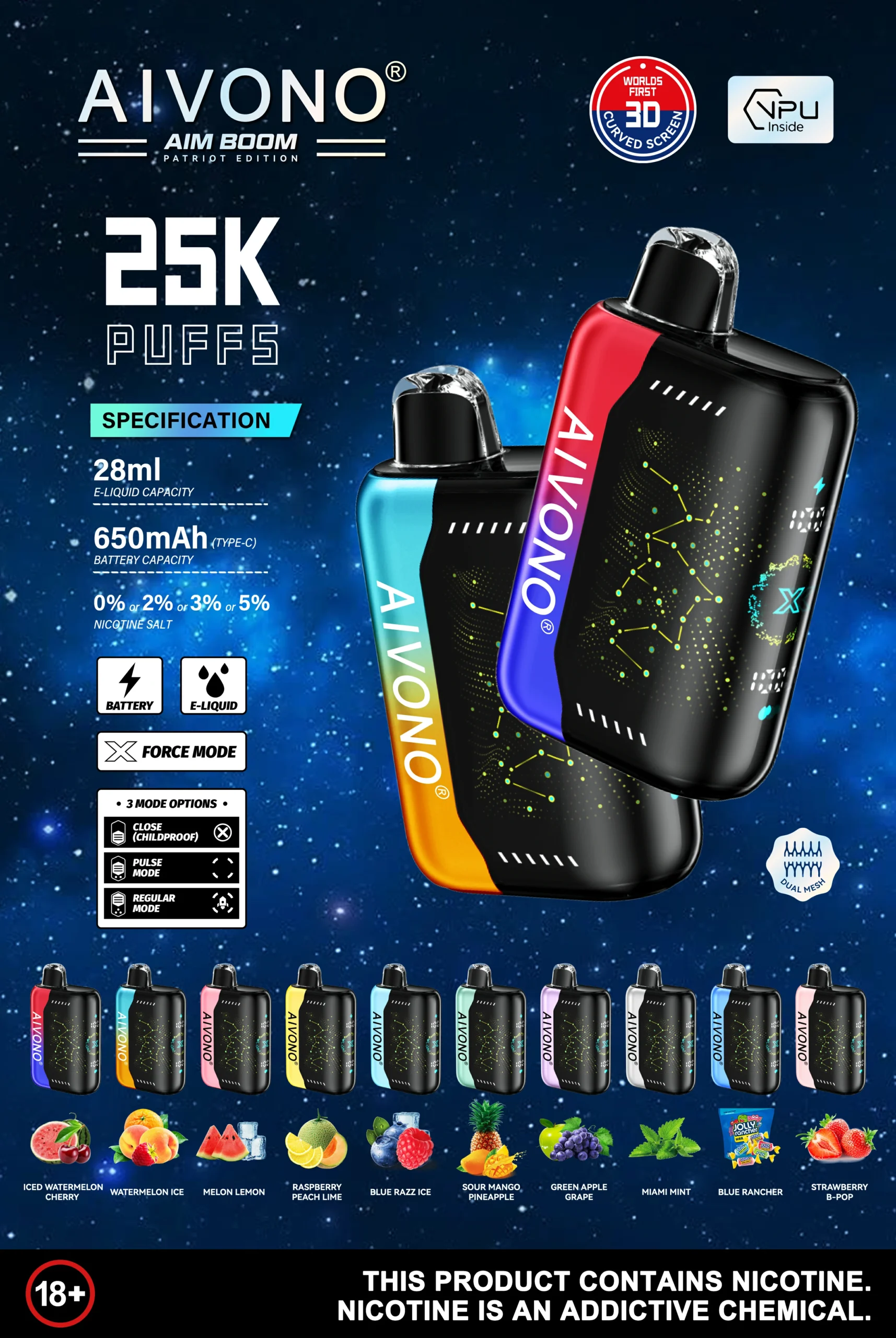 Aivono Aim Boom 25000 Puffs Disposable Vape Wholesale 0% 2% 5% Nicotine Wholesale Disposable Vape Wholesale Bulk Buy Adjustable Power Child Lock Sky Flexible Screen Pocket