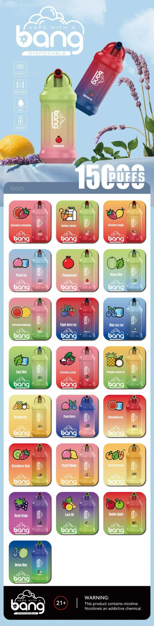 Bang 15000 Puffs OEM Wholesale Disposable Electronic Cigarette Vapor E Hookah 0% 2% 3% 5% Nicotine Bulk Buy Disposable Vape Wholesale