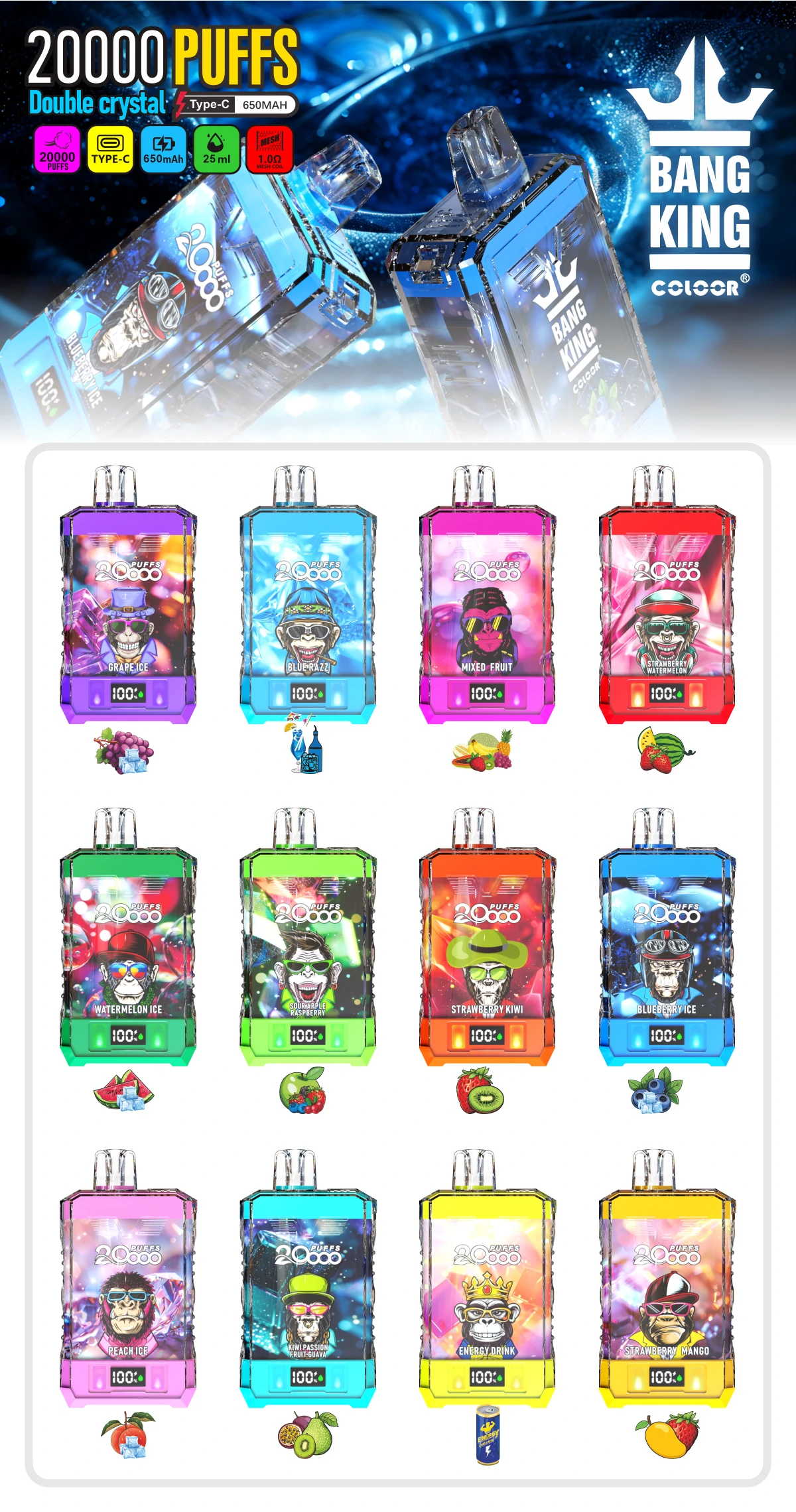 Bang King 20K Crystal Disposable Vape 650mAh Type-C Charging 25ml Prefilled Pod With Battery Indiator 12 Flavors Bulk Buy Disposable Vape Wholesale