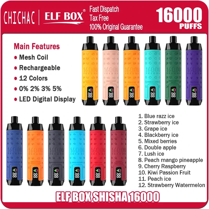 Elf Box Shisha 16000 Puffs Disposable E Cigarettes 0% 2% 3% 5% Nicotine Disposable Vape Pen Original Factory Bulk Buy Disposable Vapes Wholesale