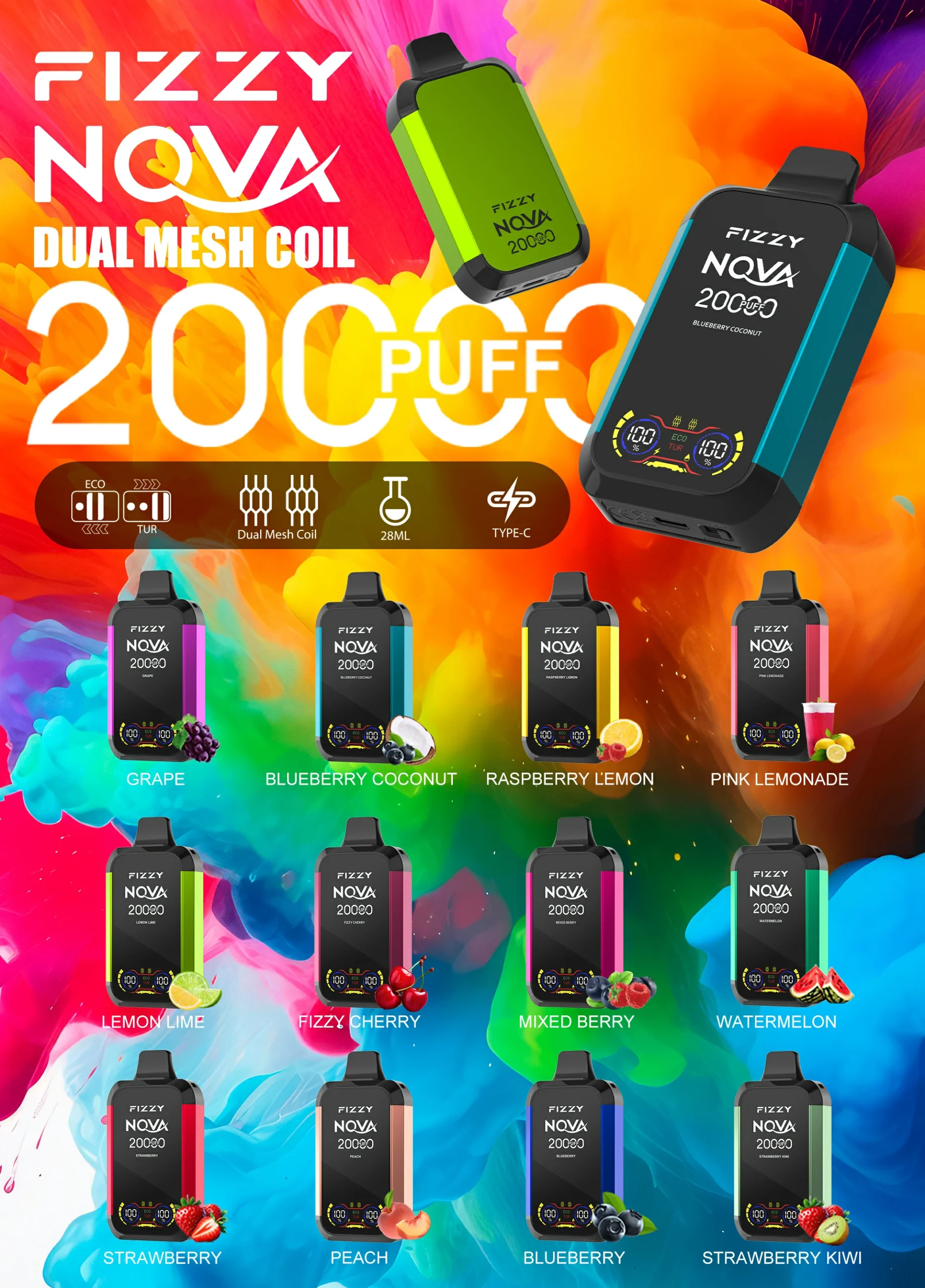Fizzy Nova 20000 Puffs Airflow Control Disposable Device Smoking Disposable Electronic Cigarette Vape Disposable Vape Pod Bulk Buy Wholesale Disposable Vape 2% 5% Nicotine 2ml Liquid China Factory