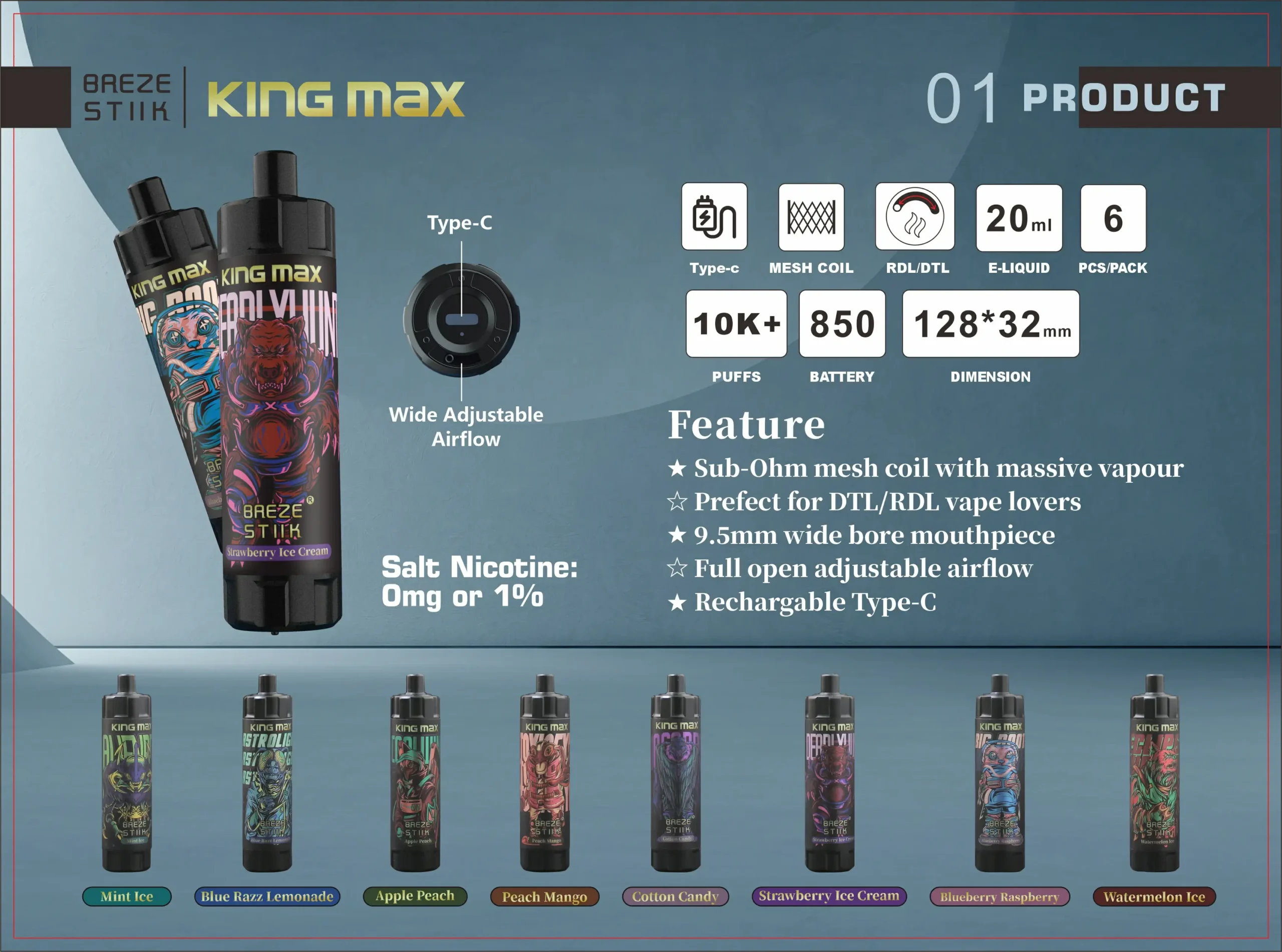 Breze Stiik King Max 10000 Puffs Disposable Vape Pen 20ml Capacity Adjustable Airflow Mesh Coil Wholesale Nicotine 0% 1% (2)