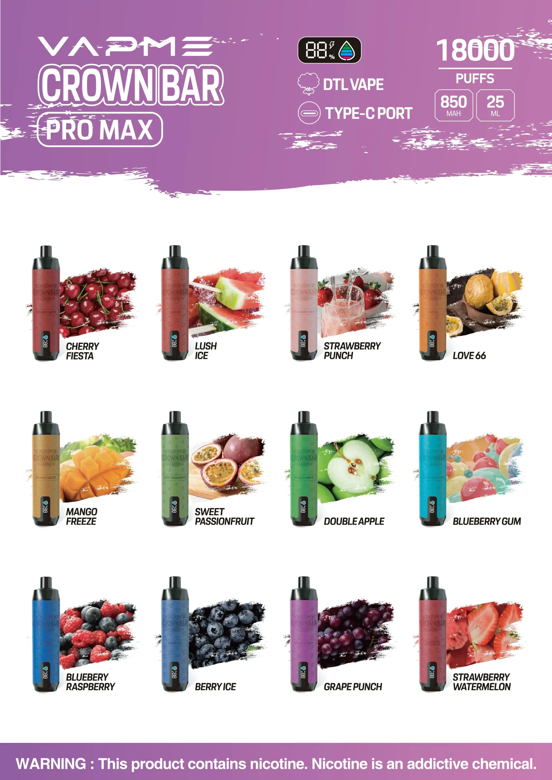 Vapme Crown Bar 18000 Puffs Rechargeable Battery Mesh Coil 2% 5% Low Nicotine Low Price Wholesale Disposable Vape (15)