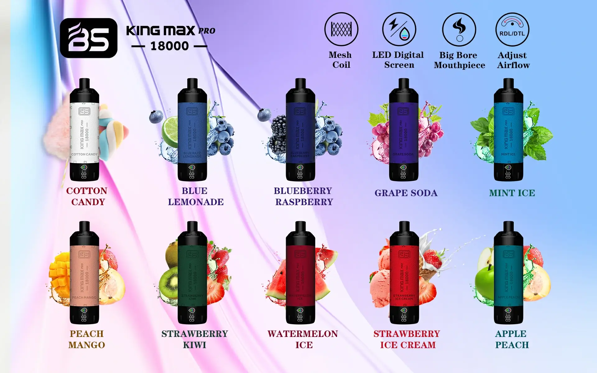 Wholesale BREZE BS King Max Pro 18000 Puffs Disposable Vape Pen with Mesh Coil 24ml Capacity and LED Display Nicotine 0% 1% 2%