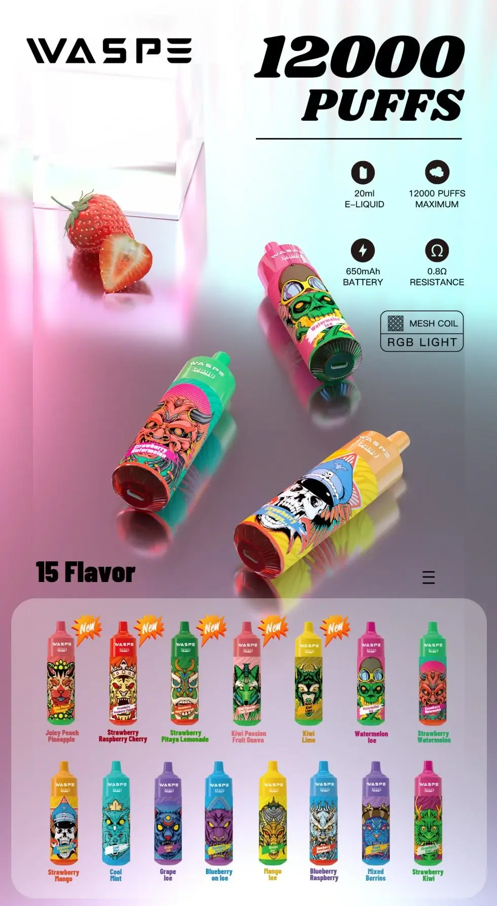 Wholesale WASPE 12000 PUFFS Disposable Vape Pen with Mesh Coil and LED Light – Available in 0% to 5% Nicotine Options From Original Factory (5)