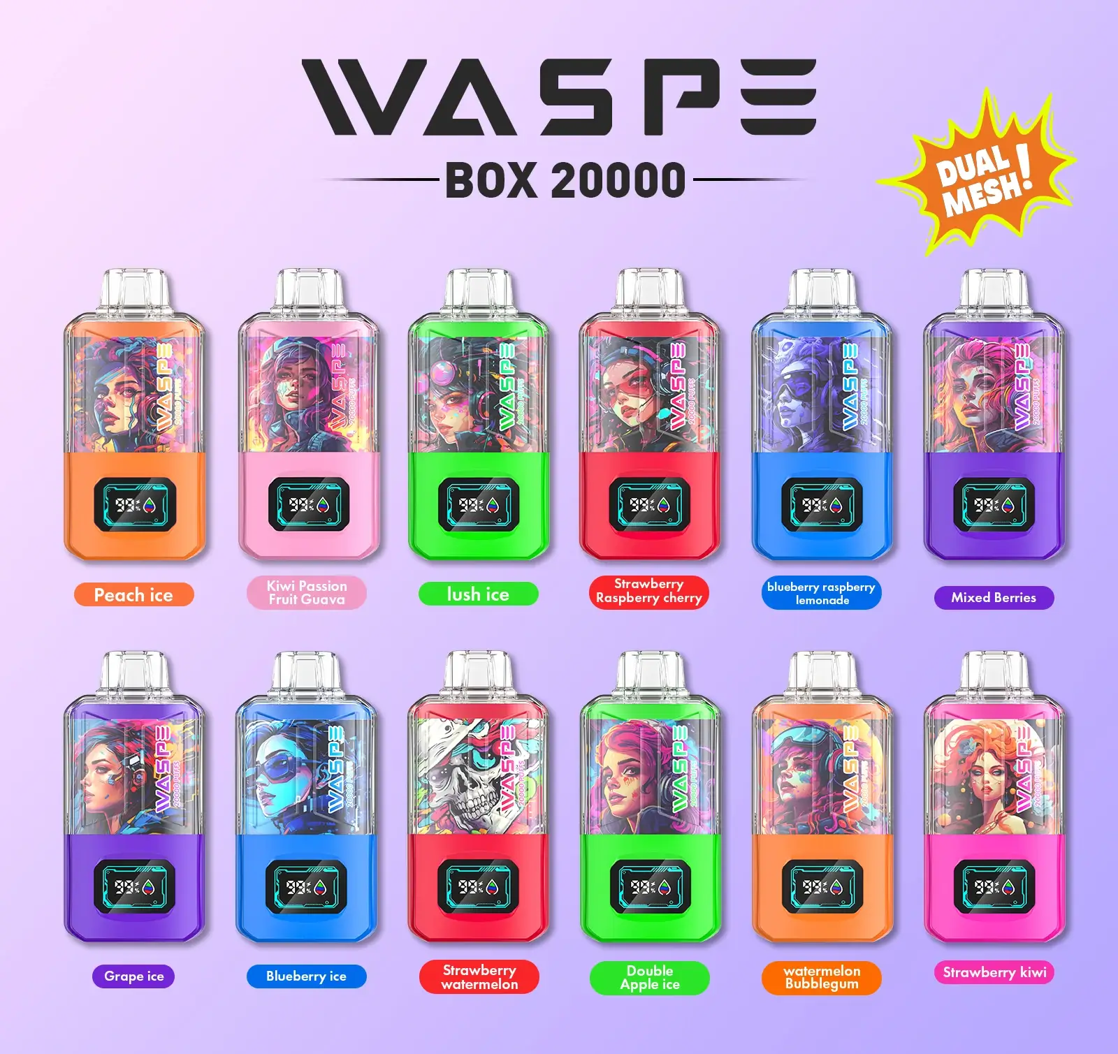 Wholesale WASPE 20000 PUFFS Dual Mesh Box Disposable Vape Pen with Dual Mesh Box and LCD Display Available in 0% 2% 3% 5% Nicotine and 24ml Capaci ( (6)