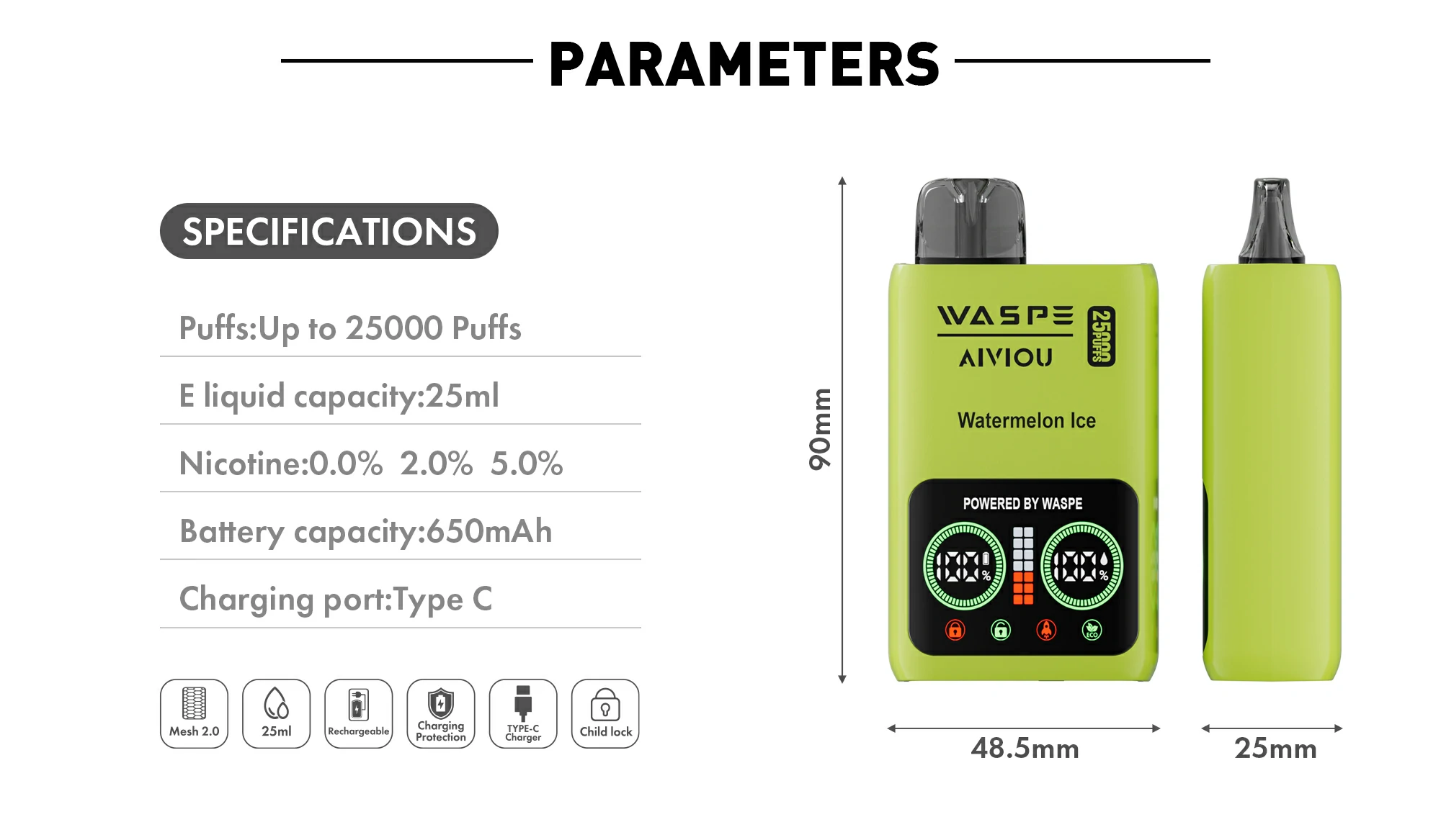 Wholesale WASPE 25000 PUFFS Dual Mesh Disposable Vape Pen with LCD Display - 25ml 0% 2% 5% Nicotine Options (13)