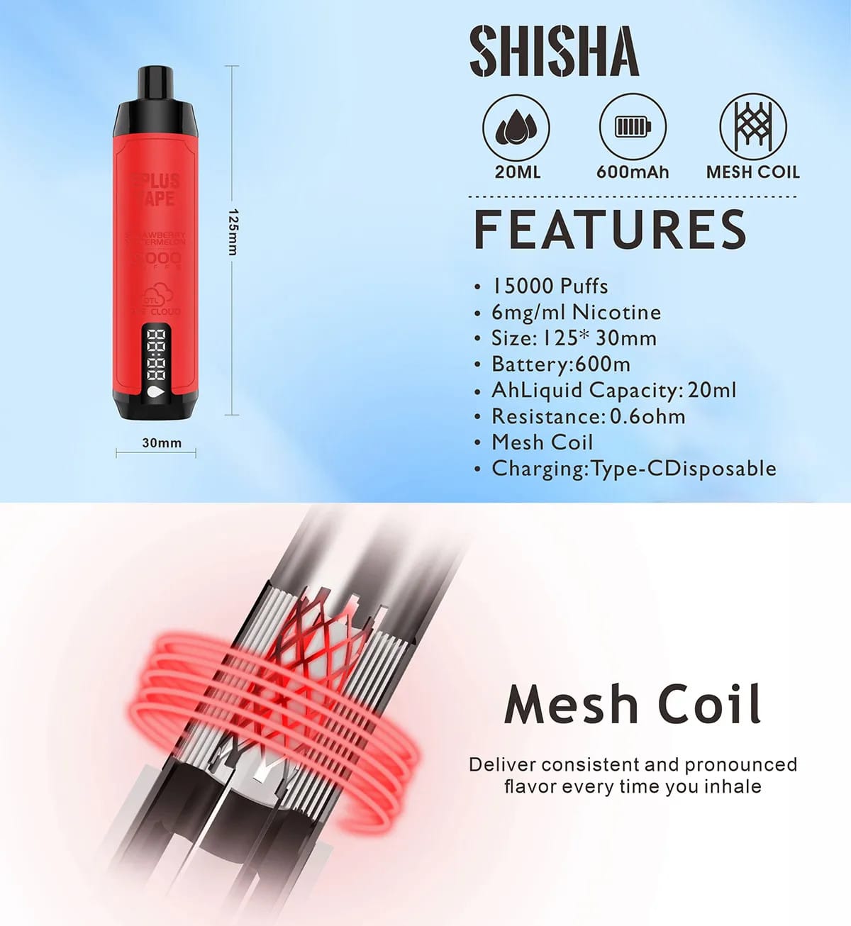 EPLUS VAPE SHISHA 15000 Puffs Wholesale Disposable Vapes 6% Nicotine Mesh Coil Buy Bulk Original Factory (4)
