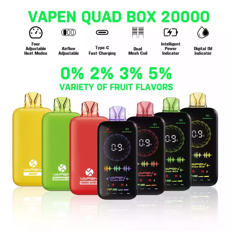 VAPEN QUAD BOX 20000 PUFFS Adjustable Airflow Rechargeable 2% 5% Low Nicotine Wholesale Disposable Vape Full Screen Display (12)