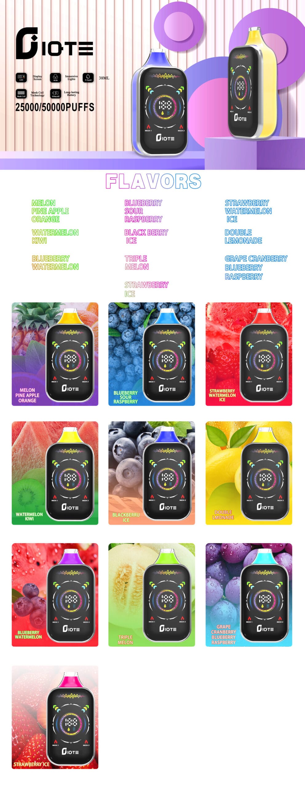 IQTE 50000 Puffs Wholesale Bulk Buy Disposable Vape LED Screen Online Shopping Nicotine 0% 2% 5% Fresh 15 Flavors 800mAh Rechargeable Electronic Cigarette (6)