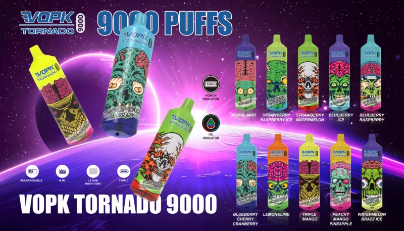 High-Quality VOPK TORNADO 9000 Puffs Disposable Vape Rechargeable Bulk Buy 0-5% Nicotine 600 Mah Bottom LED 2025 Latest